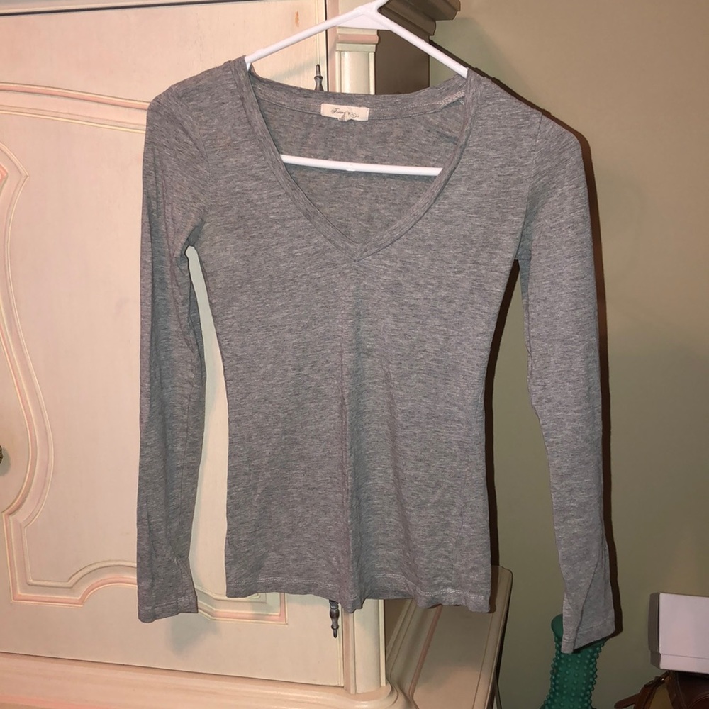 Long sleeve, light gray shirt